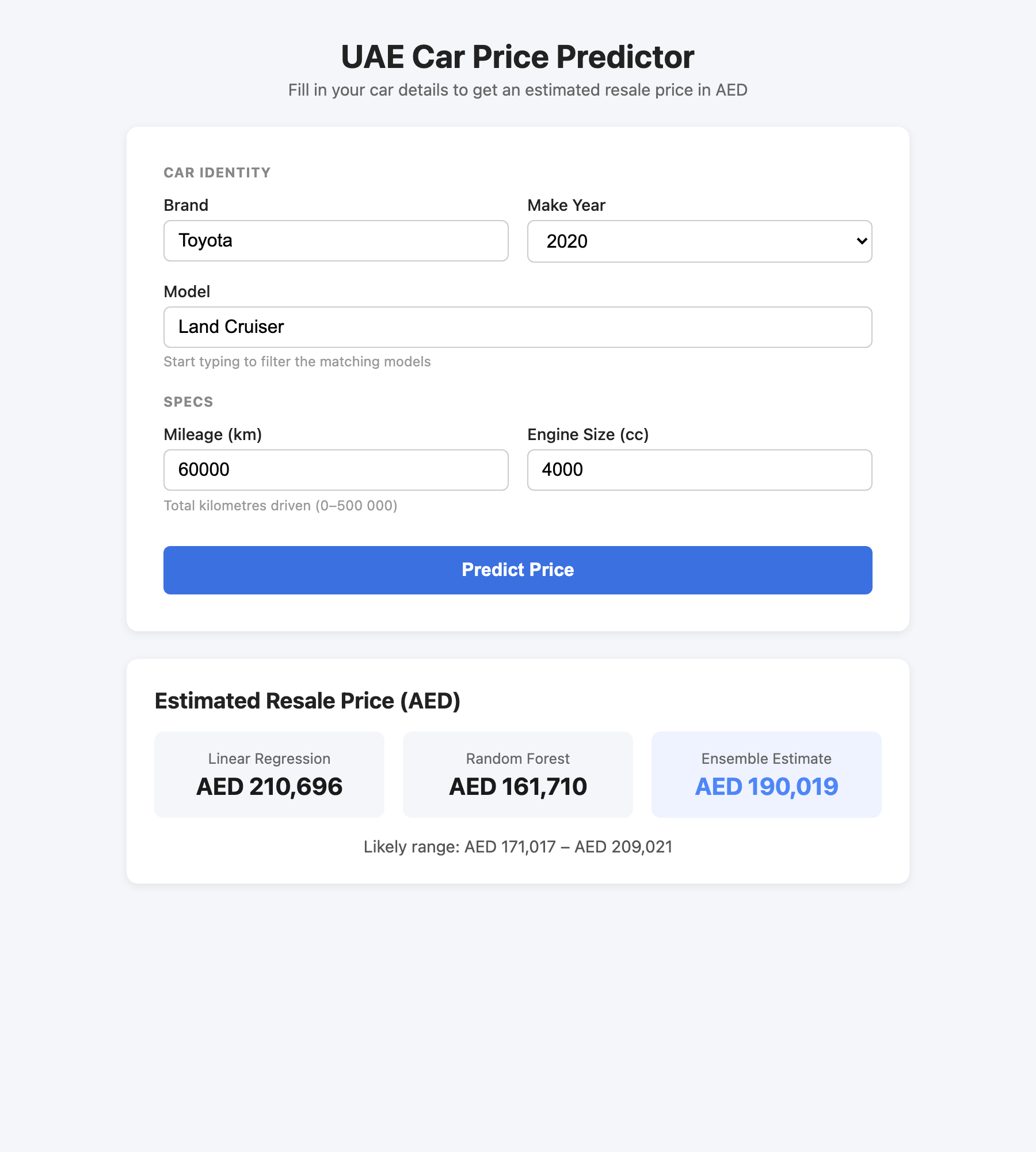UAE Car Price Predictor showing an estimated price and range